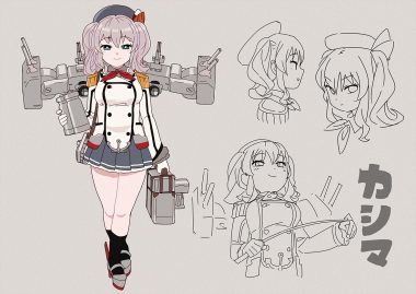 anthropomorphism blue eyes gray hair hat kantai collection kashima (kancolle) ojipon short hair skirt socks twintails uniform weapon