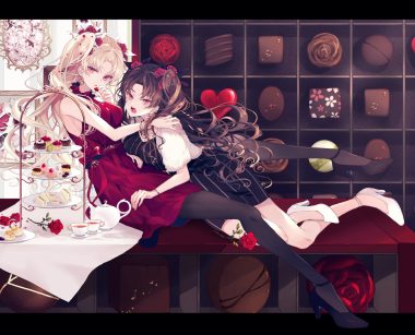 2girls blonde hair brown hair cake candy cherry blossoms chocolate drink ereshkigal (fate/grand order) fate/grand order fate (series) flowers food ishtar (fate/grand order) long hair pantyhose rose satsuki (miicat) twintails