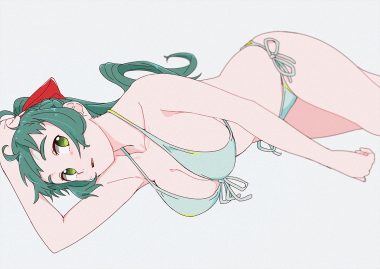 anthropomorphism bikini braids breasts cleavage gray green eyes green hair irako (kancolle) kantai collection long hair ojipon ponytail swimsuit