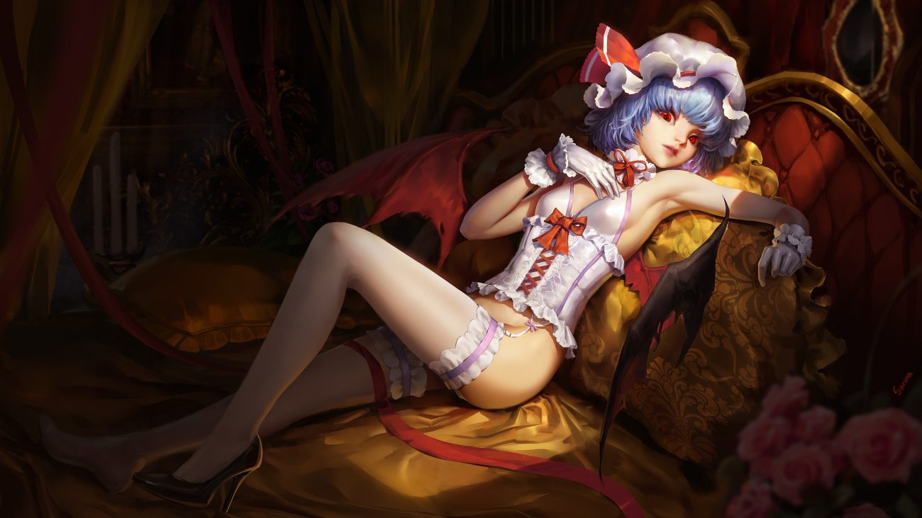 bed blue hair corset garter belt gloves hat red eyes remilia scarlet ribbons sarena short hair thighhighs touhou vampire wings