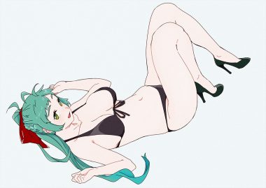 anthropomorphism bikini bow braids breasts green eyes green hair irako (kancolle) kantai collection long hair navel ojipon ponytail swimsuit