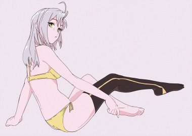 anthropomorphism barefoot bra gray gray hair green eyes kantai collection kinugasa (kancolle) long hair ojipon panties thighhighs underwear