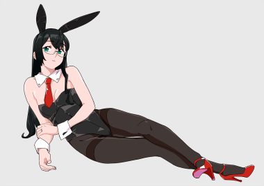 animal ears anthropomorphism black hair breasts bunny ears bunnygirl cleavage glasses gray green eyes kantai collection ojipon ooyodo (kancolle) pantyhose tie wristwear