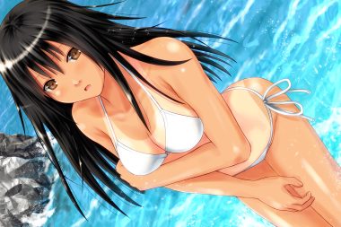 ano hito bikini black hair breasts brown eyes cleavage close dark skin long hair original swimsuit tan lines water