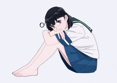 anthropomorphism barefoot black hair gray eyes kantai collection ojipon school uniform short hair skirt ushio (kancolle)