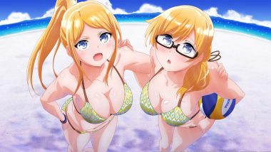 2girls ball beach bikini blonde hair blue eyes breasts claire thomas cleavage emily thomas fang glasses harukana receive swimsuit