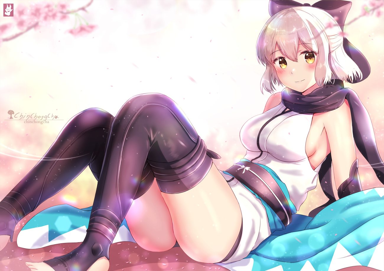 blonde hair breasts chinchongcha fate/grand order fate (series) japanese clothes okita souji (fate) petals short hair watermark yellow eyes
