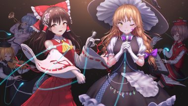 hakurei reimu instrument kirisame marisa lunasa prismriver lyrica prismriver merlin prismriver microphone roke (taikodon) touhou wink witch