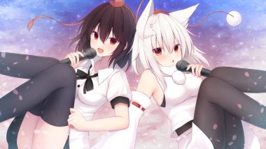 2girls animal ears brown hair firepo inubashiri momiji microphone red eyes ribbons shameimaru aya short hair skirt thighhighs touhou white hair wolfgirl