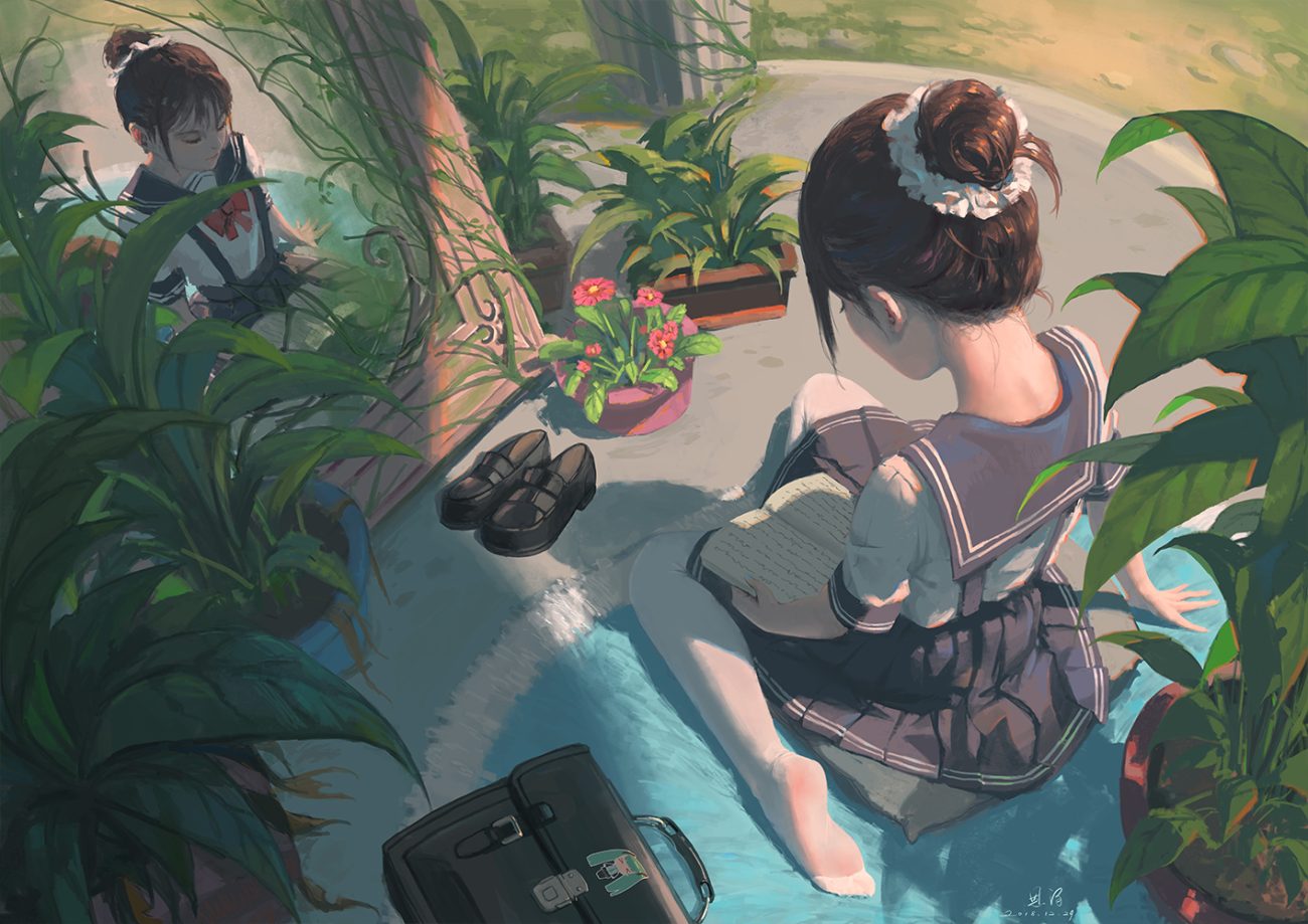 book bow brown hair flowers hatsune miku mirror original pantyhose reflection school uniform short hair signed skirt water xiaobanbei milk