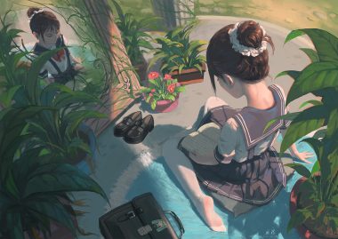 book bow brown hair flowers hatsune miku mirror original pantyhose reflection school uniform short hair signed skirt water xiaobanbei milk