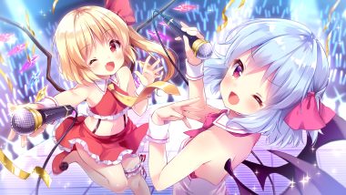 2girls blonde hair blue hair blush brown hair fang flandre scarlet garter irori loli microphone navel ponytail red eyes remilia scarlet short hair skirt tie touhou vampire wink wristwear