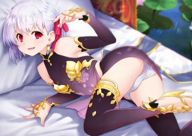 ass bed fate/grand order fate (series) gray hair kama (fate/grand order) kazuma muramasa panties red eyes ribbons short hair skirt thighhighs underwear