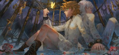 blonde hair blue eyes boots butterfly cage chain christon-clivef collar emma (yakusoku no neverland) green eyes magic male norman (yakusoku no neverland) shackles short hair signed white hair yakusoku no neverland