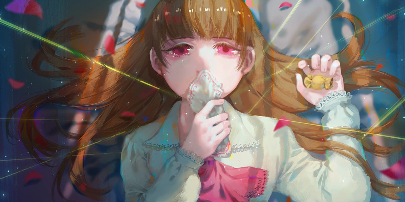 brown hair christon-clivef ib ib (ib) long hair petals red eyes