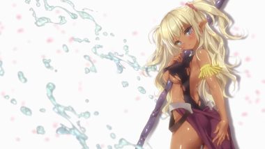 ass blonde hair blue eyes breasts dark skin edelgard erect nipples isekai maou to shoukan shoujo no dorei majutsu long hair pointed ears staff torn clothes tsurusaki takahiro underboob water