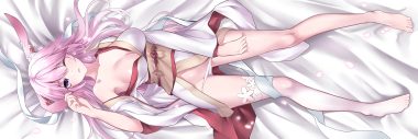 animal ears breasts bunny ears bunnygirl gou lianlian dogface honkai impact honkai (series) japanese clothes kimono long hair panties pink hair purple eyes underwear wink yae sakura (benghuai xueyuan)