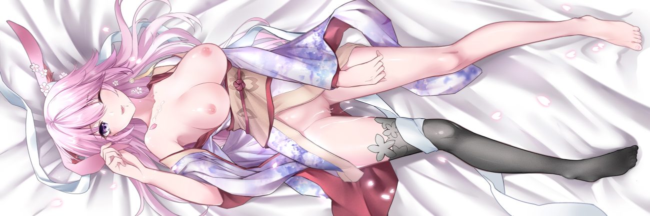 cum gou lianlian dogface honkai impact honkai (series) japanese clothes kimono long hair no bra nopan pink hair purple eyes pussy uncensored wink yae sakura (benghuai xueyuan)
