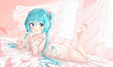 aqua eyes aqua hair ass barefoot blush cat smile fang hatsune miku long hair mikoo o39 naked shirt open shirt petals pink shirt twintails vocaloid