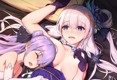 2girls 5555 96 anthropomorphism azur lane blue eyes blush breasts choker flowers gloves illustrious (azur lane) long hair no bra pink hair purple hair sleeping twintails unicorn (azur lane)