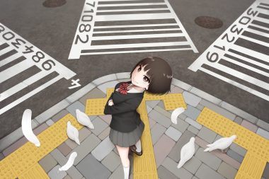 aliasing animal bird bow breast hold breasts brown eyes brown hair feathers kneehighs original school uniform short hair skirt yajirushi (chanoma)