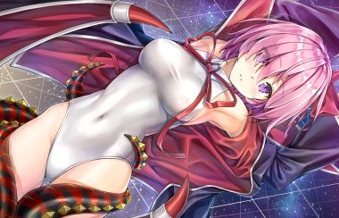 blush bodysuit breasts cape cosplay fate/grand order fate (series) kotatsu (kotatsu358) mash kyrielight pink hair purple eyes ribbons short hair skintight tentacles