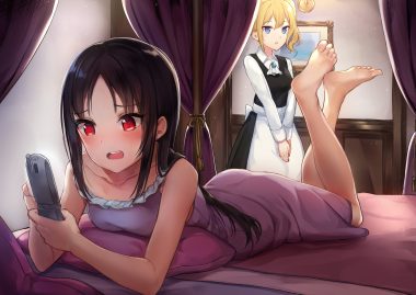 2girls apron bada (jksh5056) bed black hair blue eyes blush dress hayasaka ai kaguya-sama wa kokurasetai ~tensai-tachi no renai zunousen~ long hair maid phone ponytail red eyes shinomiya kaguya short hair
