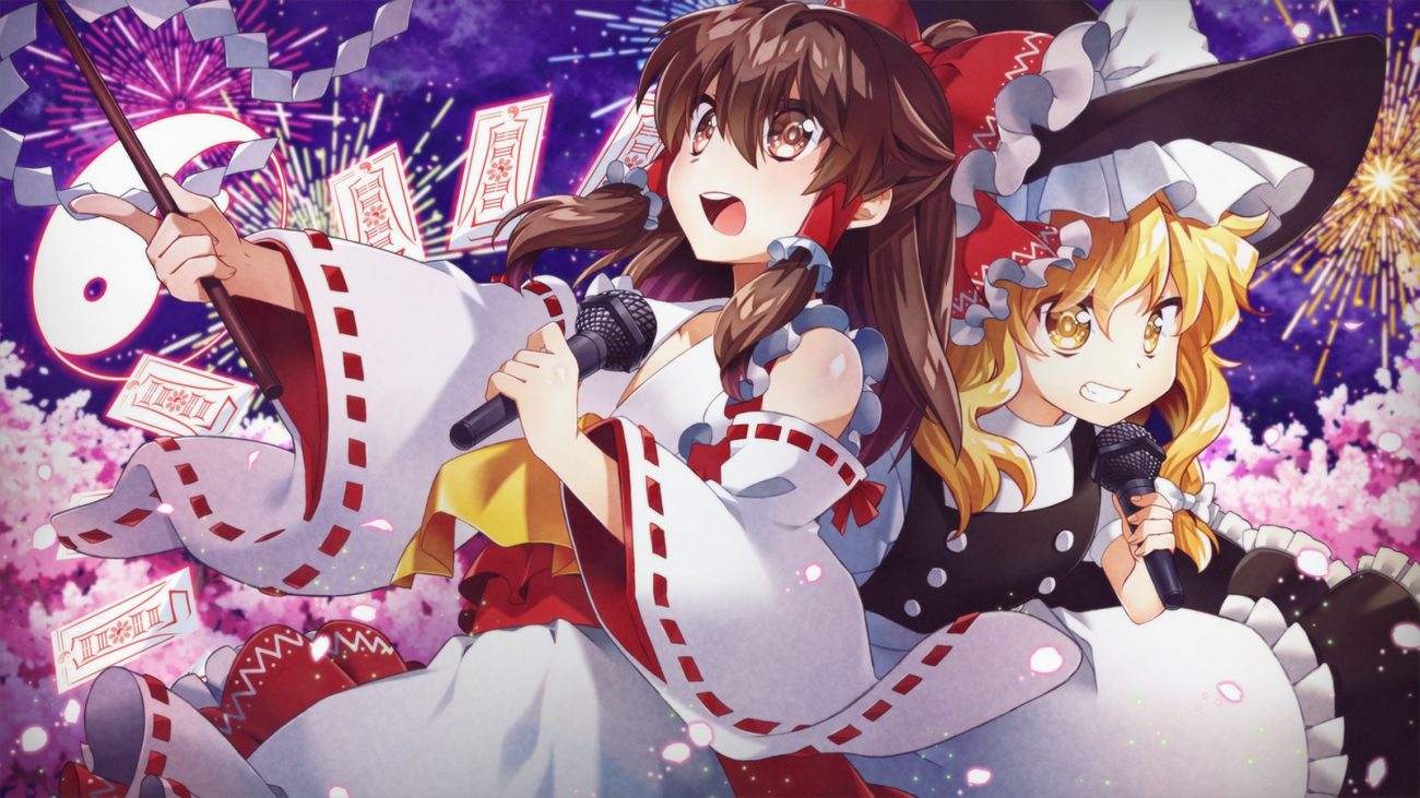 apron blonde hair bow brown eyes brown hair cherry blossoms dress fireworks flowers hago hakurei reimu hat japanese clothes kirisame marisa long hair microphone miko ofuda petals touhou witch witch hat yellow eyes