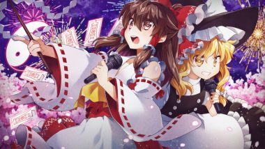 apron blonde hair bow brown eyes brown hair cherry blossoms dress fireworks flowers hago hakurei reimu hat japanese clothes kirisame marisa long hair microphone miko ofuda petals touhou witch witch hat yellow eyes