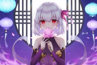 blush fate/grand order fate (series) flowers gray hair kama (fate/grand order) petals pong (vndn124) red eyes ribbons short hair