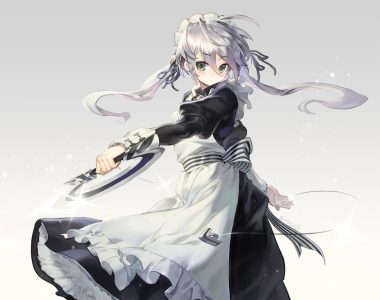 apron blush dress gradient gray hair green eyes headdress long hair maid olys original ribbons signed twintails weapon