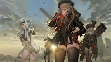 black hair blue eyes breasts brown hair clouds eunhwa (nikke) glasses gloves goddess of victory: nikke gray hair group gun hat hyulla (nightmadness) long hair neon (nikke) orange eyes pantyhose rapi (nikke) school uniform short hair shorts sky thighhighs twintails uniform vesti (nikke) weapon