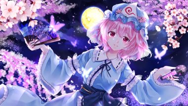 butterfly cherry blossoms fan flowers hat microphone moon petals pink eyes pink hair saigyouji yuyuko short hair touhou yurara (aroma42enola)