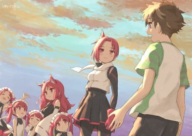 animal ears brown hair cat smile clouds group kemurikusa loli long hair male pantyhose red eyes red hair rina (kemurikusa) rin (kemurikusa) ritsu (kemurikusa) short hair signed sky twintails umiroku wakaba (kemurikusa)