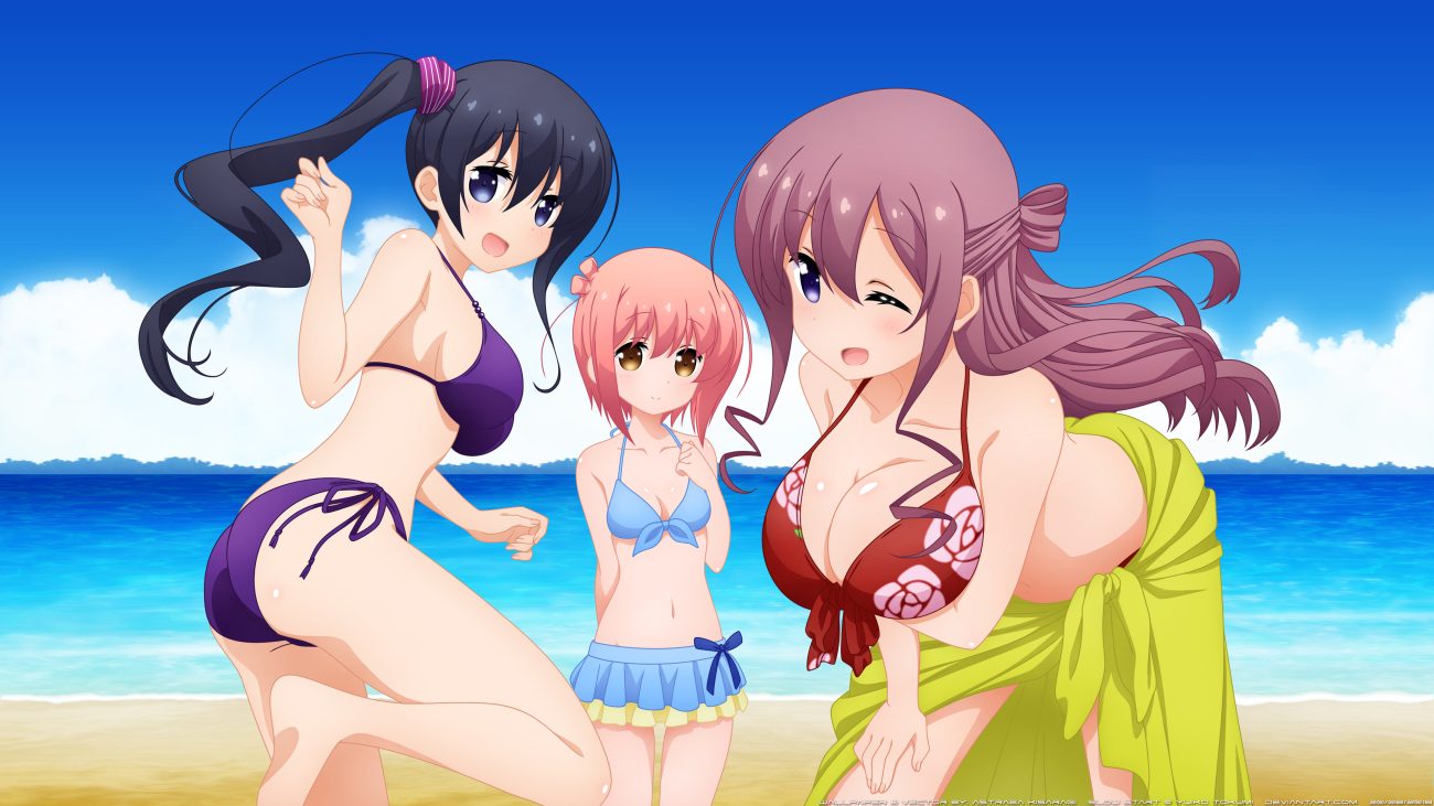 barefoot beach bikini black hair blue eyes breasts brown eyes brown hair cleavage hannen hiroe ichinose hana kyouzuka shion long hair navel pink hair ponytail purple eyes skirt slow start swimsuit water watermark wink