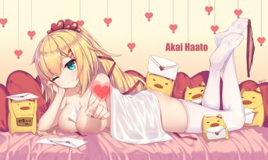 akai haato ass blonde hair blush breasts green eyes heart hololive long hair neps-l nipples nude panties paper ponytail signed thighhighs underwear wink