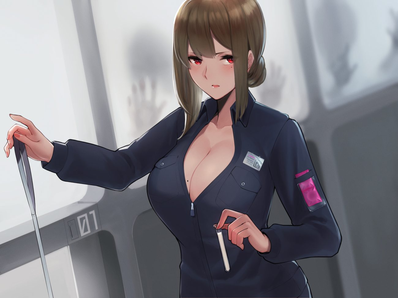 breasts brown hair cleavage condom cum hayabusa no bra open shirt original red eyes short hair