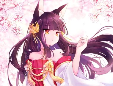 animal ears anthropomorphism azur lane black hair cherry blossoms choker flowers foxgirl japanese clothes long hair nagato (azur lane) shichijou natori yellow eyes