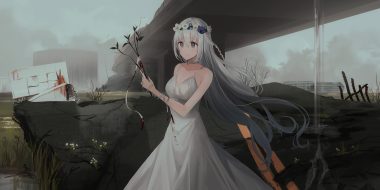 ai (chihuri) blood braids breasts chihuri405 choker cleavage clouds dark dress flowers grass gray eyes gray hair headdress original ruins sky summer dress water waterfall