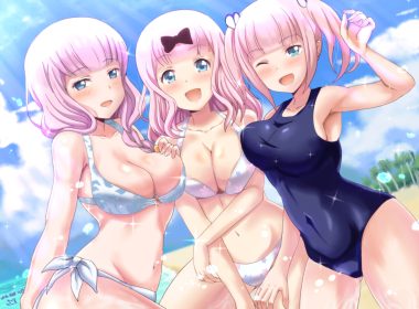 beach bikini blue eyes bow breast hold breasts cleavage fujiwara chika fujiwara moeha fujiwara toyomi kaguya-sama wa kokurasetai ~tensai-tachi no renai zunousen~ pink hair samenoido school swimsuit swimsuit wink