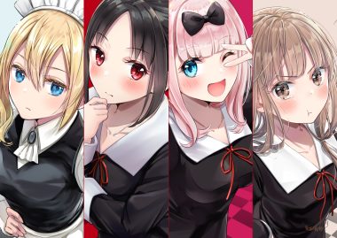 akasaka asa black hair blonde hair blue eyes blush brown eyes brown hair fujiwara chika hayasaka ai headdress iino miko kaguya-sama wa kokurasetai ~tensai-tachi no renai zunousen~ maid pink hair red eyes school uniform shinomiya kaguya wink
