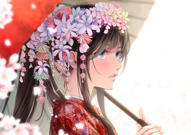 akasaka asa aqua eyes brown hair close flowers headdress japanese clothes kimono long hair original ponytail umbrella