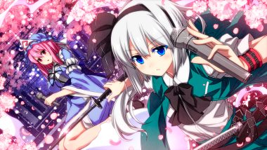 2girls aqua eyes cherry blossoms dress flowers gray hair hat headband katana konpaku youmu microphone myon petals pink eyes pink hair saigyouji yuyuko sazanami mio short hair sword touhou weapon wristwear