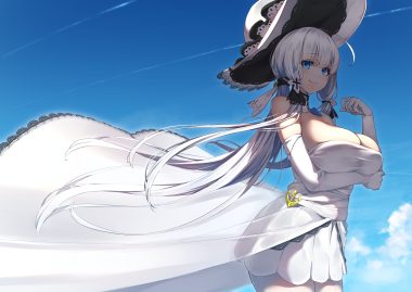 anthropomorphism aqua eyes azur lane breast hold breasts cleavage clouds dress elbow gloves gloves hat illustrious (azur lane) long hair sky white hair yamanokami eaka