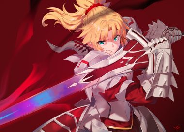 armor blonde hair dress fate/apocrypha fate/grand order fate (series) gloves green eyes long hair mordred ponytail red signed sword weapon yang-do