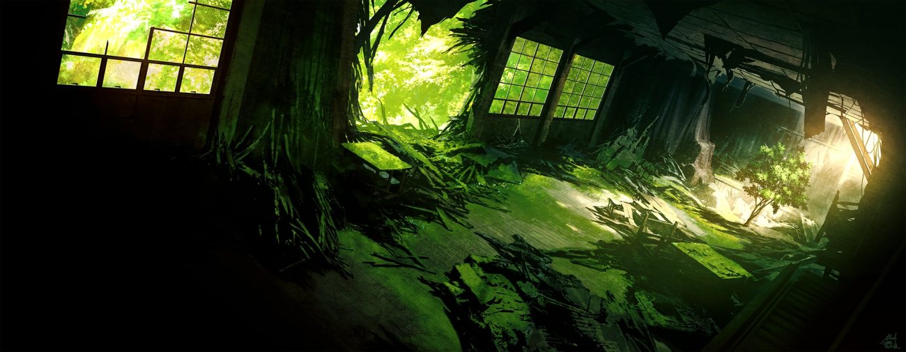 dark green mocha (cotton) no humans original ruins scenic shade signed stairs tree
