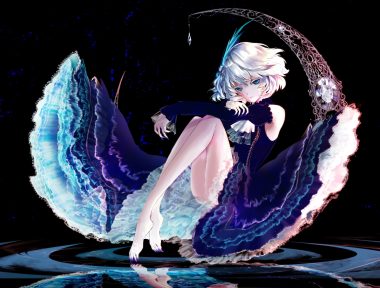 barefoot black blue eyes dress gray hair lolita fashion original reflection sanamisa short hair water