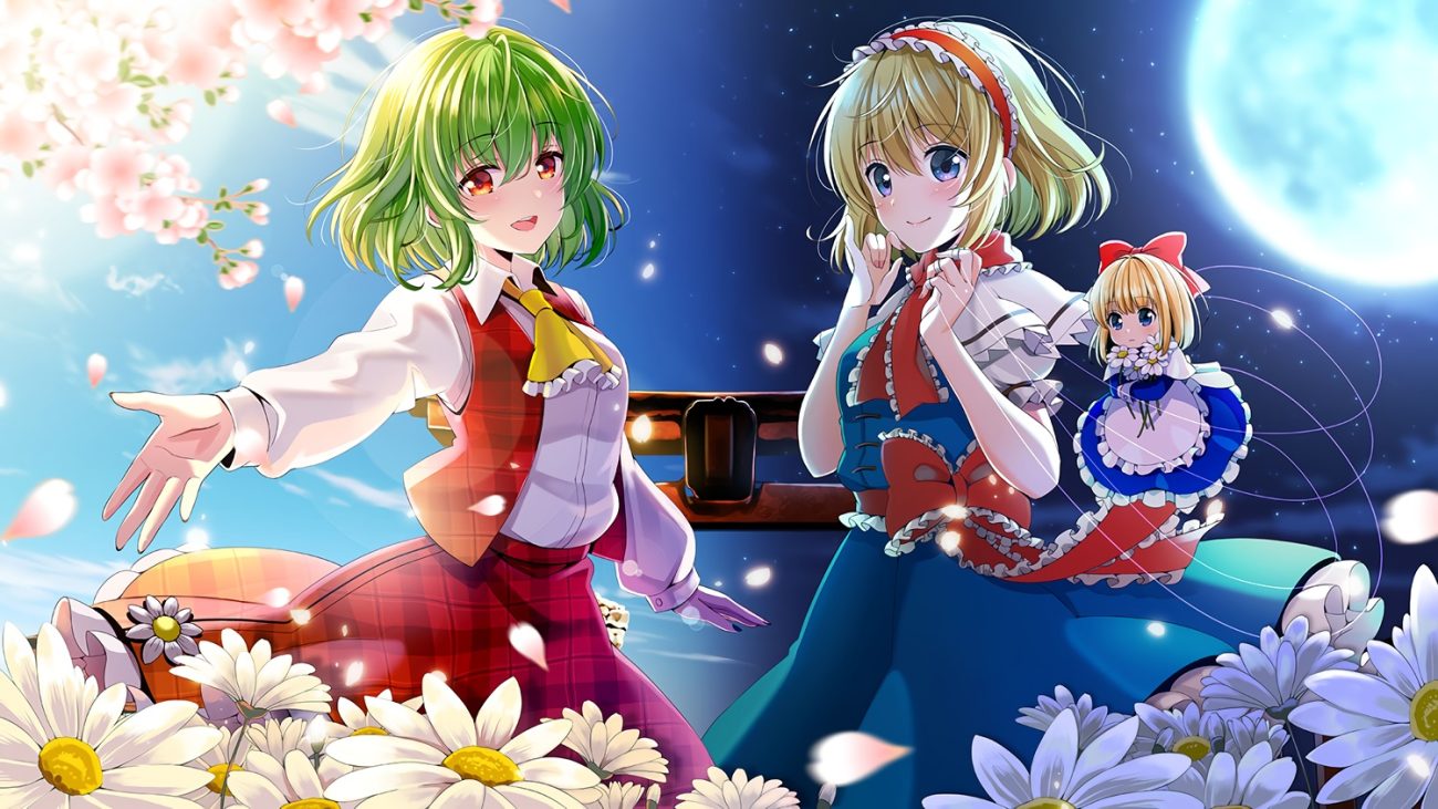 2girls alice margatroid blonde hair blue eyes blush bow cherry blossoms clouds doll flowers gray hair kazami yuuka mage moon night orange eyes petals shanghai doll short hair sky spring torii touhou yuuka nonoko