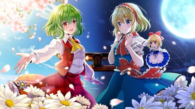2girls alice margatroid blonde hair blue eyes blush bow cherry blossoms clouds doll flowers gray hair kazami yuuka mage moon night orange eyes petals shanghai doll short hair sky spring torii touhou yuuka nonoko