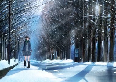 aliasing black hair boots brown eyes kneehighs original sakeharasu scarf scenic school uniform short hair skirt snow tree